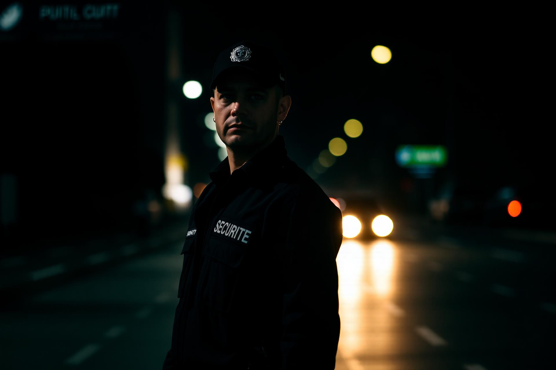 Guardia de seguridad privada profesional en servicio nocturno